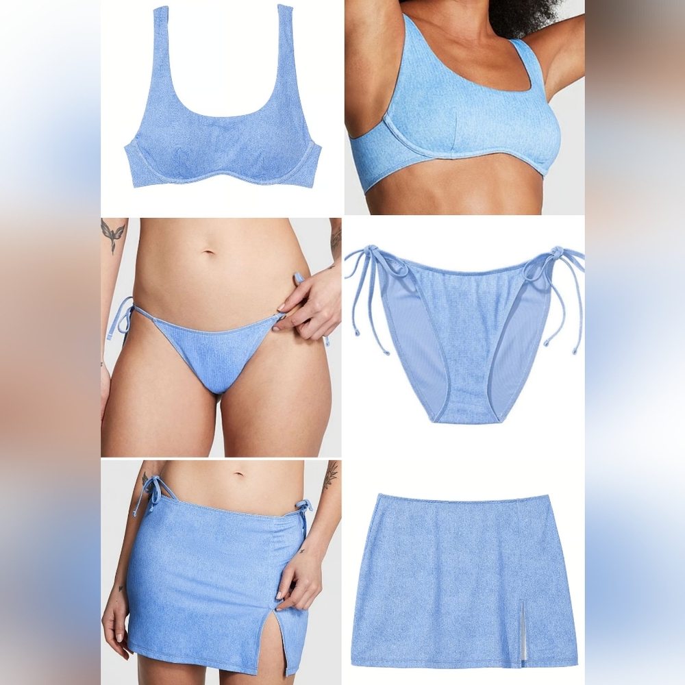 VS PINK Denim Blue Bikini Set w/Skirt NWT >bikini top & button sz M / skirt sz S